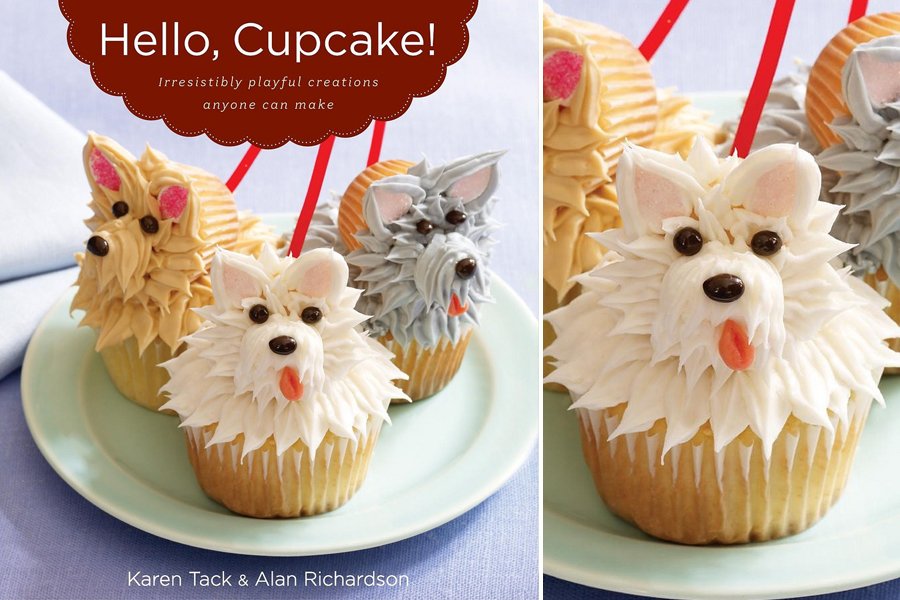 DIY puppy cupcakes with textured white, tan, and grey fur frosting from the Hello Cupcake book.
