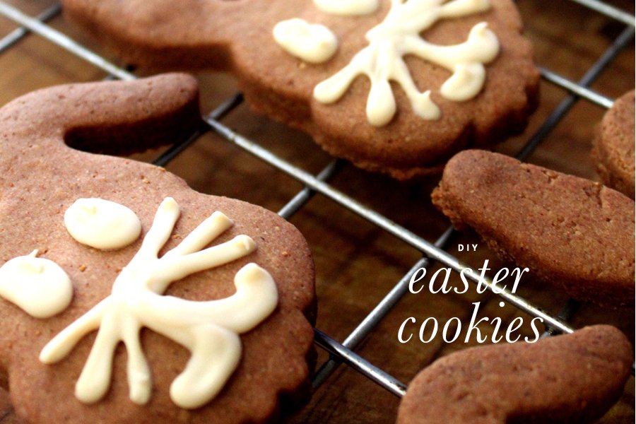 Homemade bunny face dog Easter biscuits with white icing whiskers cooling on a wire rack.