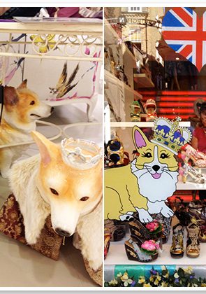 Corgi statues and cartoon illustrations wearing crowns in a Queen's Diamond Jubilee store display with a Union Jack.
