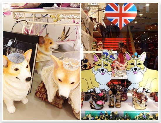 Corgi statues and cartoon illustrations wearing crowns in a Queen's Diamond Jubilee store display with a Union Jack.