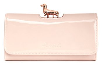 Ted Baker pale pink patent leather purse featuring a gold dachshund bobble clasp for stylish dog mums.