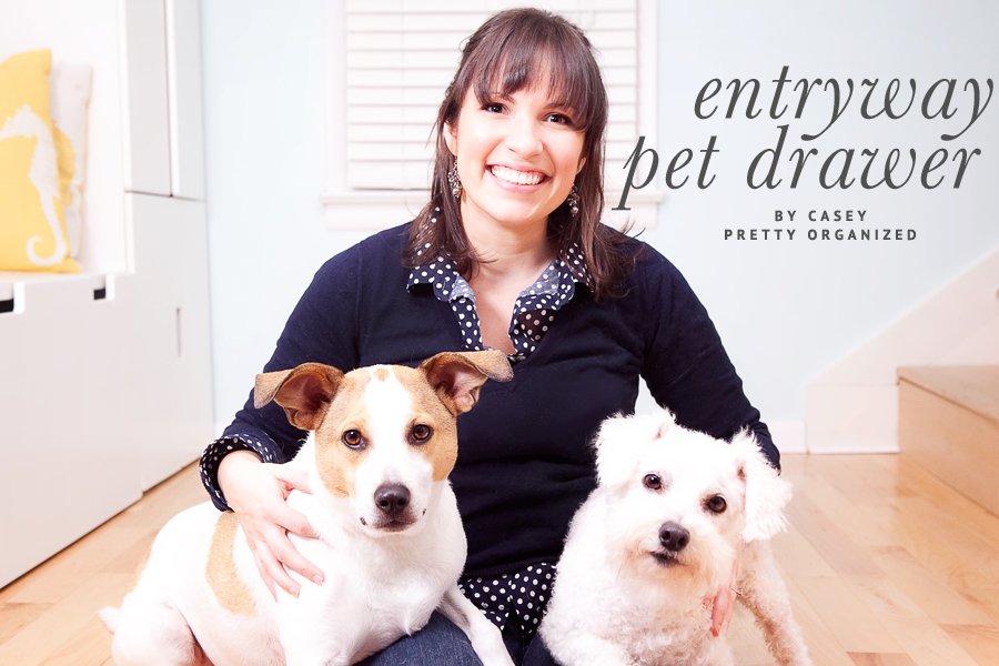 Casey from Pretty Organized with her two dogs for an entryway pet drawer and dog organization tips.