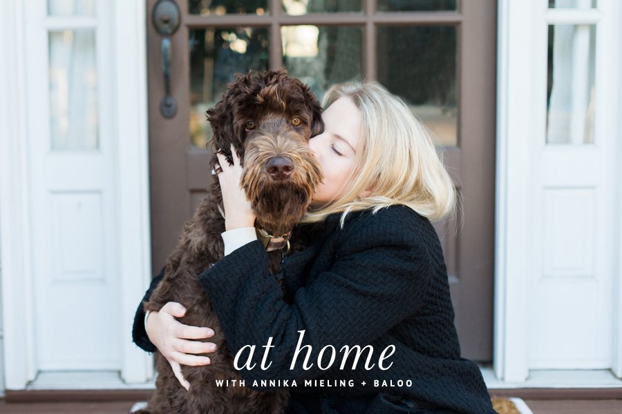 Annika Mieling embracing her brown dog, Baloo, at their front door for a pet-friendly home tour.