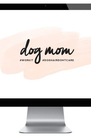 Dog mom desktop wallpaper on a computer screen with a pink watercolor background and hashtag #doghairdontcare.