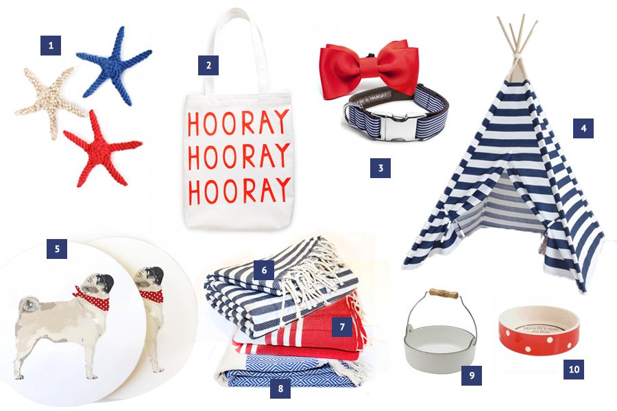 Dog-friendly 4th of July picnic accessories: striped pet teepee, bowtie collar, pug plates, and patriotic blankets.