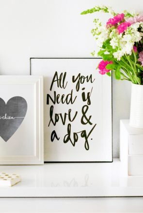 Pretty Fluffy Shop dog-themed art prints featuring 'Must Love Dogs' and 'All you need is love & a dog' framed quotes.