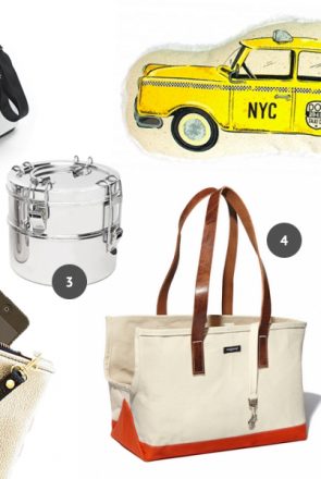 Trendy dog travel accessories including a canvas dog carrier tote bag, stainless steel bowls, and a taxi toy.