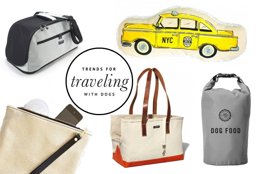 Dog travel accessories collage featuring a pet carrier, canvas tote bag, food storage bag, and plush NYC taxi toy.