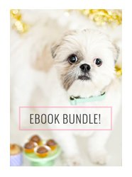 Fluffy dog near healthy dog treats with 'EBOOK BUNDLE!' text overlay on the Pretty Fluffy website.