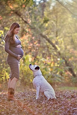 Pregnant woman and white dog in a wooded area for a dog-friendly maternity session by April Ziegler Photography.