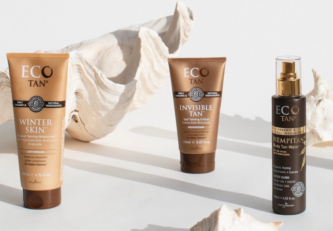 Eco Tan cruelty-free self tanners: Winter Skin, Invisible Tan, and Hempitan products displayed with seashells.