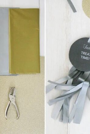 DIY reverse advent calendar materials with dog activity tags, gold and silver tissue paper, and a hole punch.
