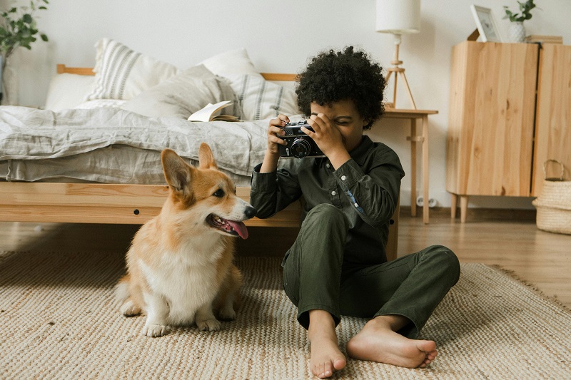 Young boy photographing his pet Corgi dog, showing the companionship and amazing benefits of dogs for kids.