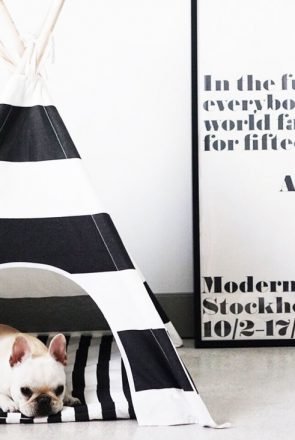 French Bulldog resting in a black and white striped dog teepee, a trending monochrome dog accessory.