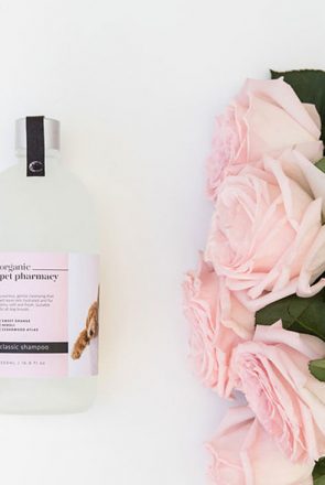Organic Pet Pharmacy classic dog shampoo for sensitive skin next to pink roses on a white background.