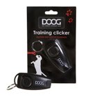 Black DOOG brand dog training clicker next to its packaging, perfect for beginner clicker training.