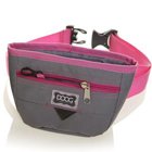 Gray and pink dog training treat pouch with belt, ideal for holding rewards during clicker training.