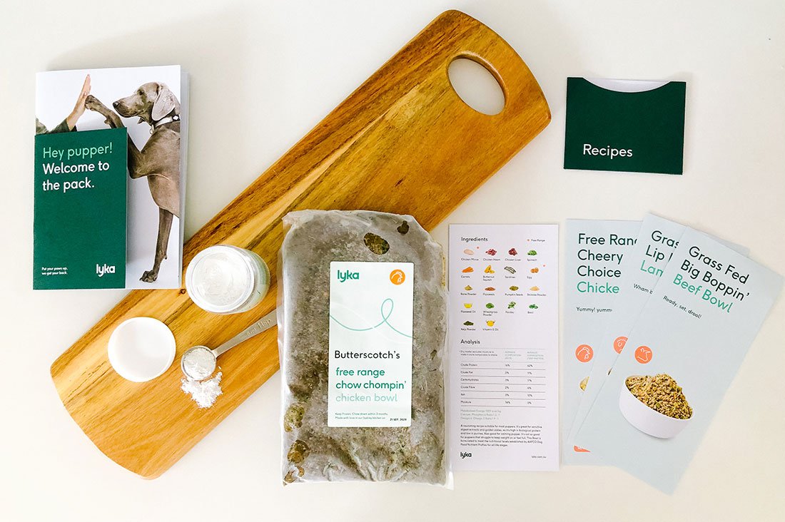 Lyka Pet Food review showing fresh chicken bowl pouch, recipe booklets, and a welcome guide on a wooden board.