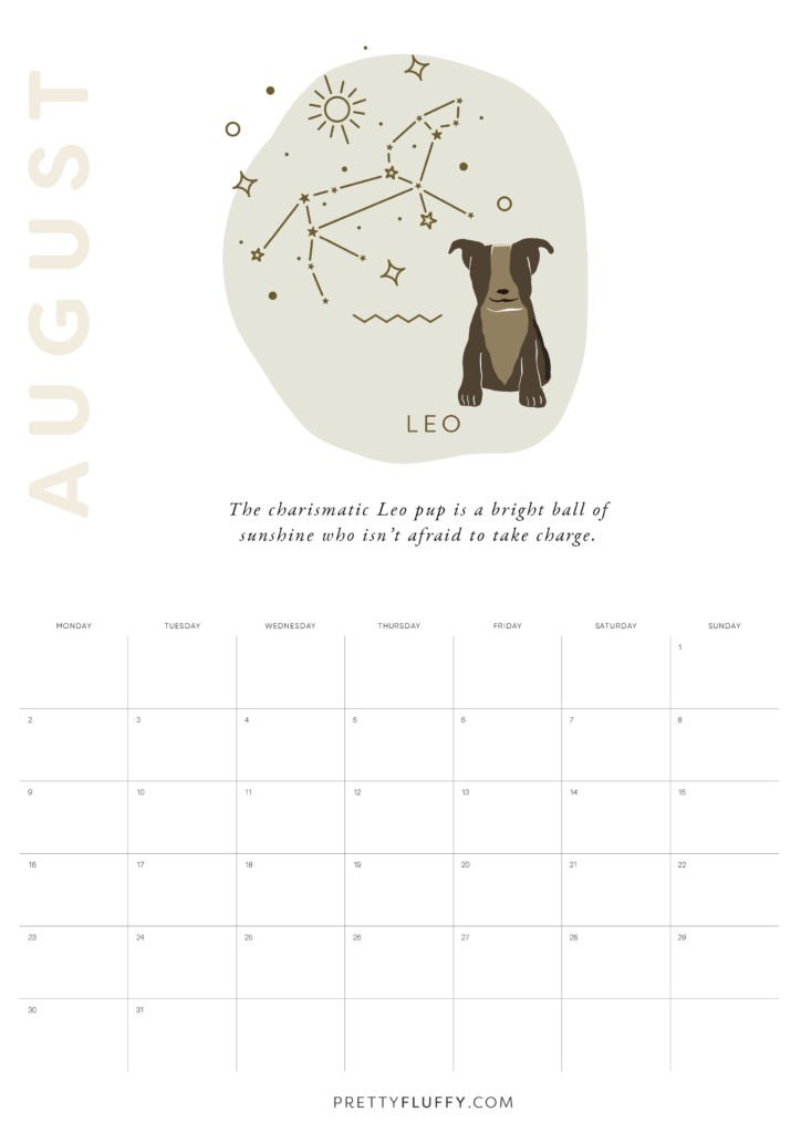 Dog Zodiac Free Printable Calendar for 2021_Leo