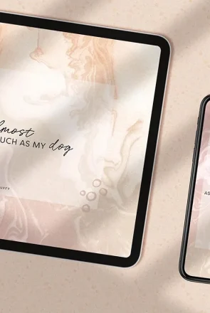 Pink marble dog quote screensaver and desktop wallpaper featuring 'I love you almost as much as my dog' text.