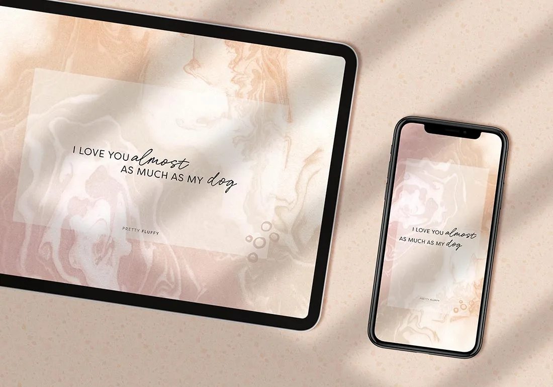 Pink marble dog quote screensaver and desktop wallpaper featuring 'I love you almost as much as my dog' text.