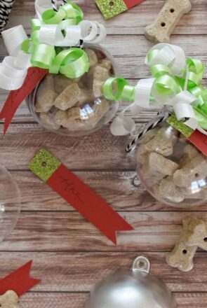 DIY dog treat bauble ornaments filled with bone-shaped biscuits, featuring green ribbons and personalized name tags.