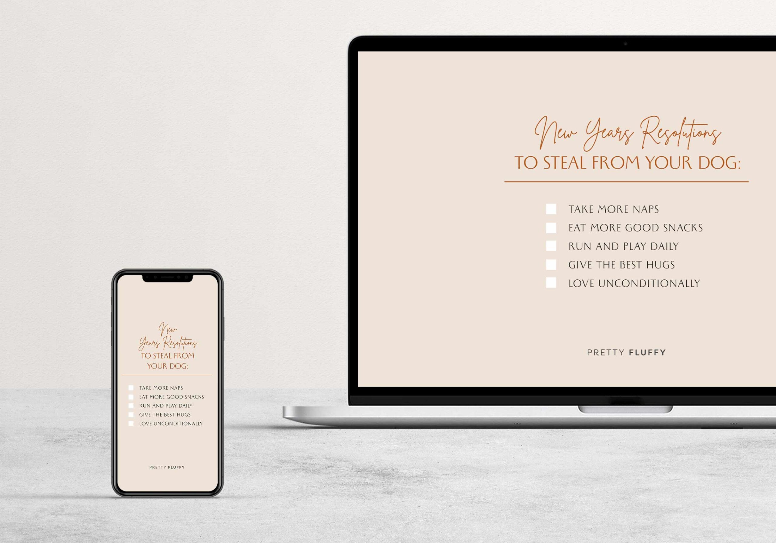 Laptop and phone mockup of New Years resolutions to steal from your dog free backgrounds for dog lovers.