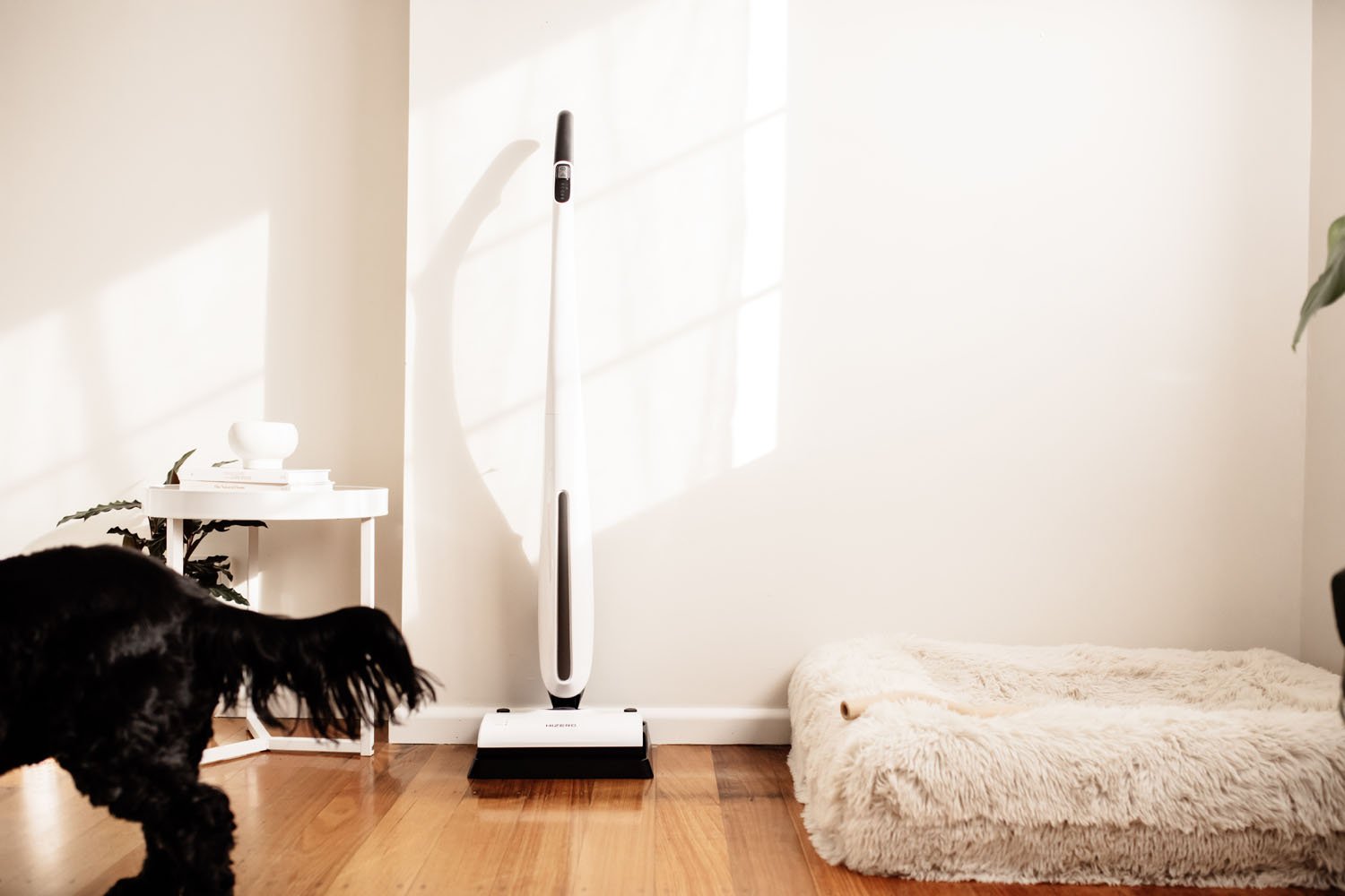 HIZERO Bionic Hard Floor Cleaner on timber floors next to a fluffy pet bed and a black dog in a sunlit home.