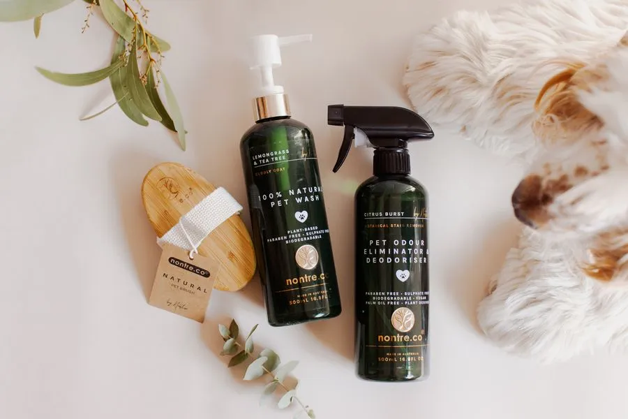 Eco-friendly pet grooming kit: natural dog wash, bamboo brush, and odor eliminator spray next to a white fluffy dog.