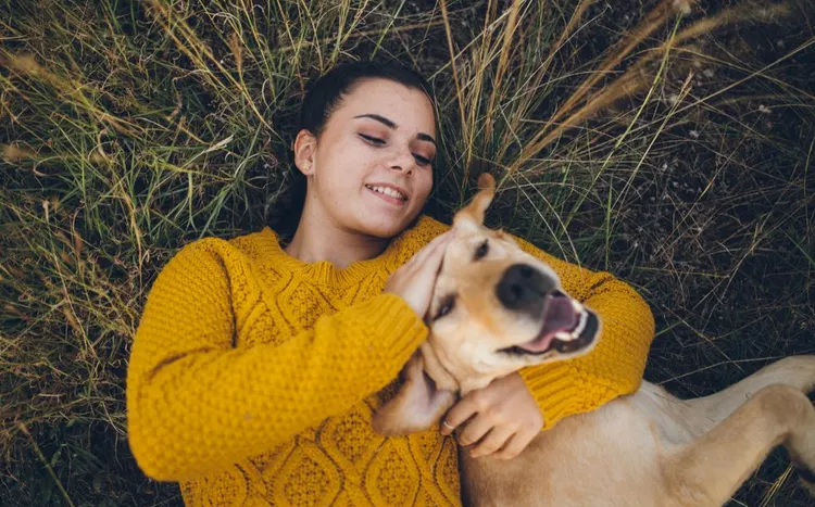 Woman in a yellow sweater petting her happy dog in tall grass, representing pet health and benefits of dog probiotics.