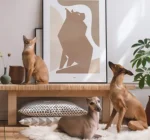 Two dogs and a cat in a stylish living room with minimalist pet art, showcasing chic pet-friendly home decor.