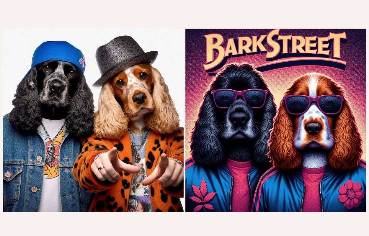 Fun AI for dogs art showing spaniels in streetwear and sunglasses as a boy band called BarkStreet.