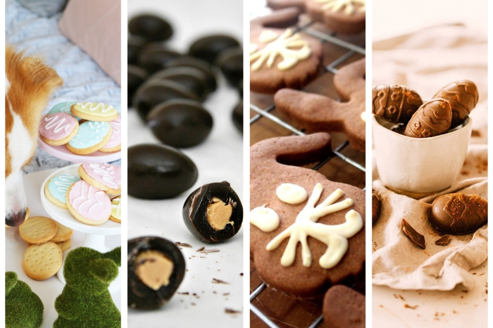 Easter dog treats collage featuring iced egg cookies, carob eggs, and bunny-shaped biscuits.