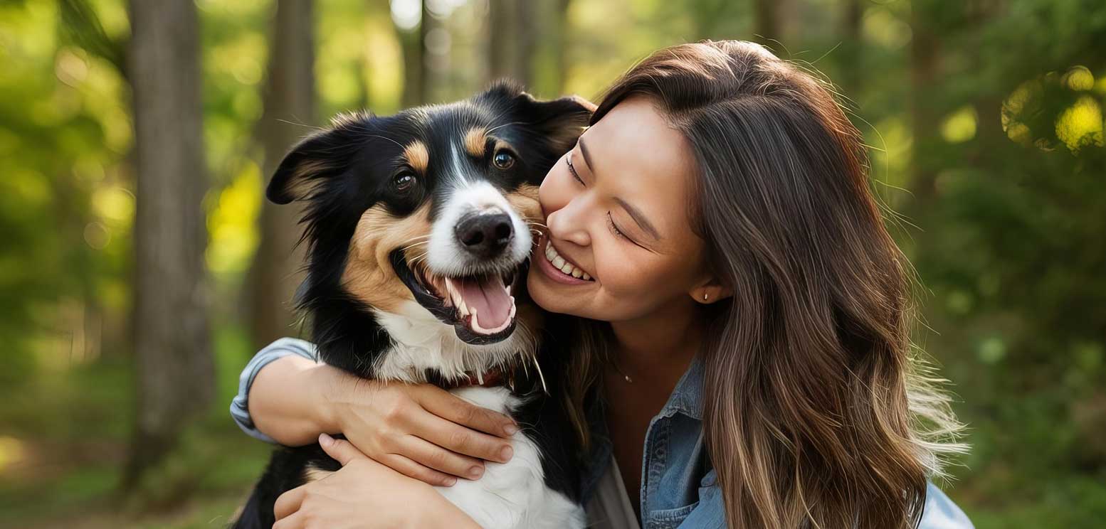 Smiling woman hugging her happy dog outdoors, illustrating a pet lifestyle brand partnership.