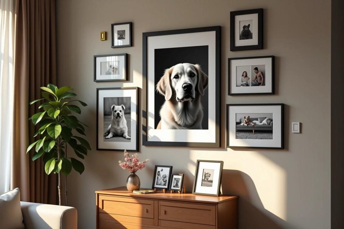 Gallery wall featuring a large golden retriever portrait and framed dog photos, showcasing creative pet portrait ideas.
