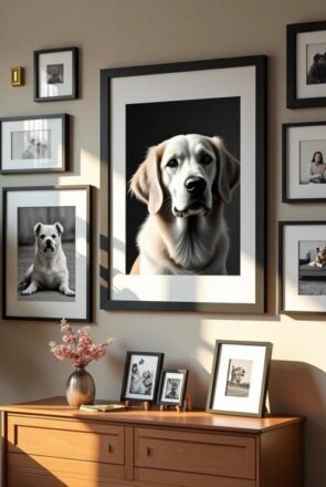 Gallery wall featuring a large golden retriever portrait and framed dog photos, showcasing creative pet portrait ideas.