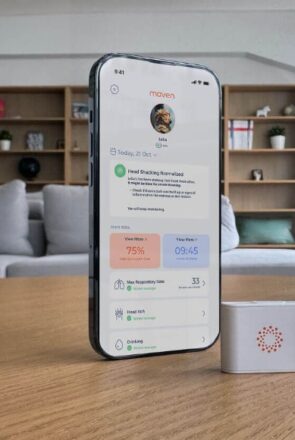 Maven Pet app displaying dog health metrics on a smartphone next to the tracker tag and home base station.