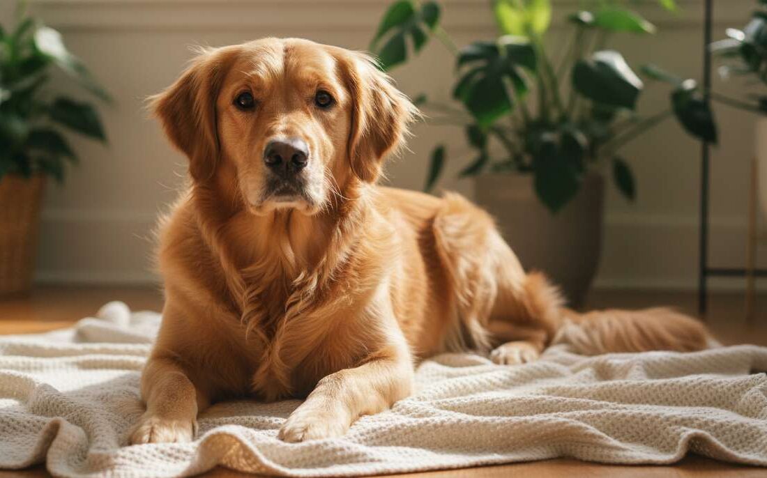 Golden retriever resting on a cream blanket in a warm sunlit living room with houseplants