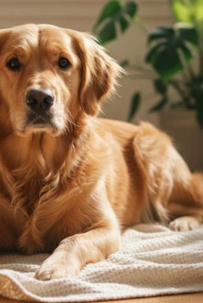 Golden retriever resting on a cream blanket in a warm sunlit living room with houseplants